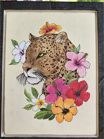 Leopard with Hibiscus flowers woodburning/pyrography