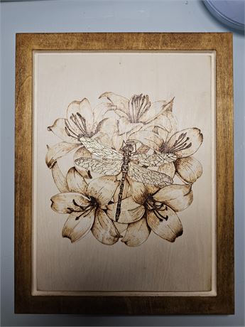Dragonfly with lilies woodburning/pyrography